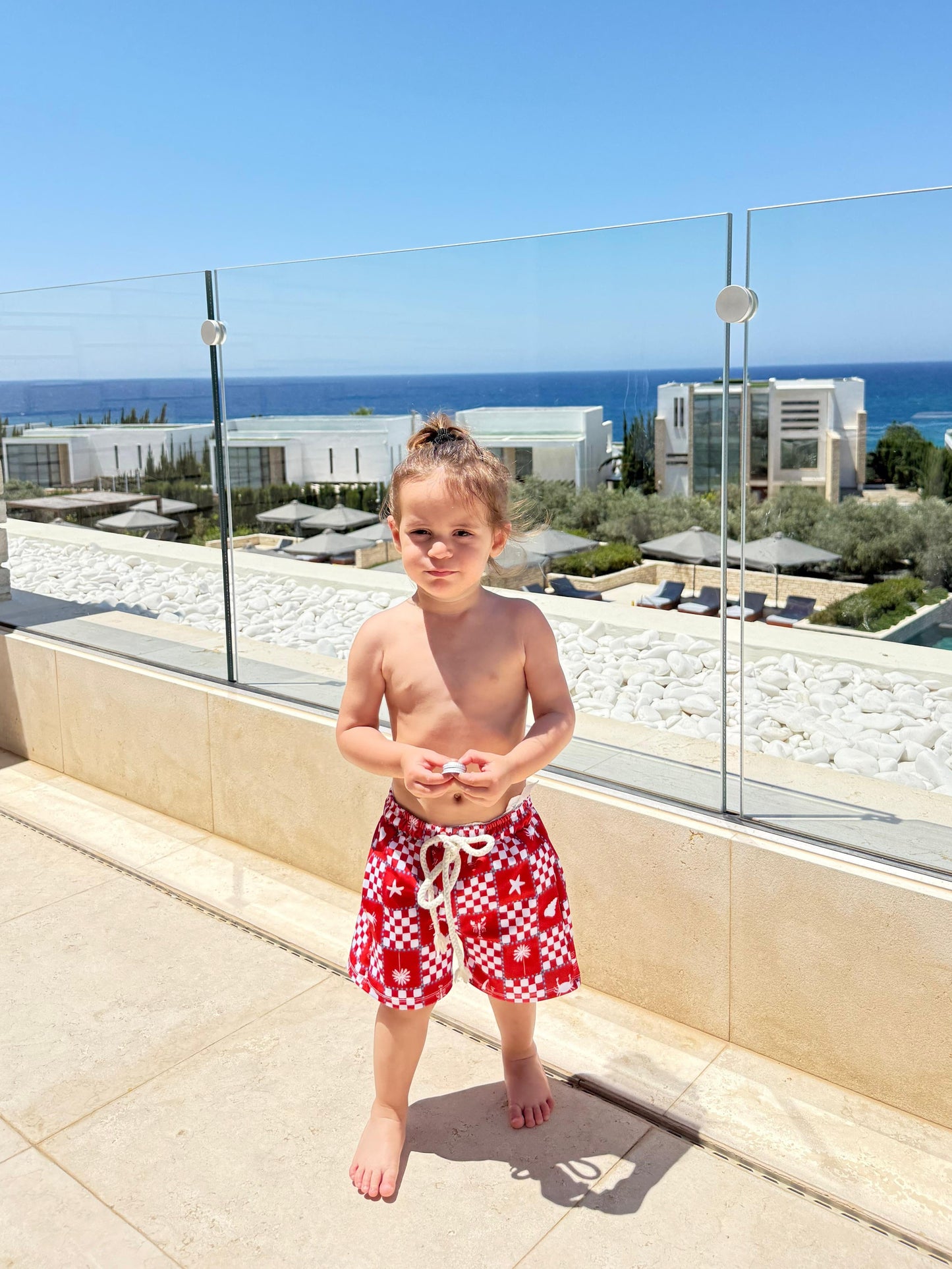 RED CHECKERS - BOY SWIM SHORT